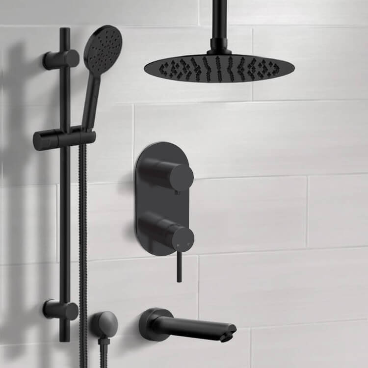 Remer TSR73-10 Matte Black Tub and Shower Set With 10 Inch Rain Ceiling Shower Head and Hand Shower